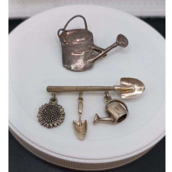 Sterling silver REO watering can and 925 Gardening Brooches Green Thumb Gift! - Picture 1 of 9